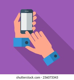 Hands holding Mobile phone. Flat icon whit long shadow. Vector illustration