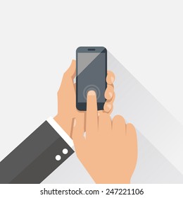 Hands holding mobile phone in flat design style