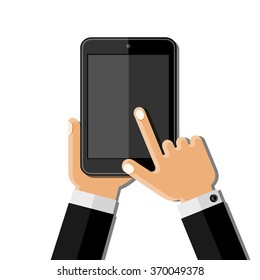 Hands holding mobile phone. Flat design. Vector illustration. 