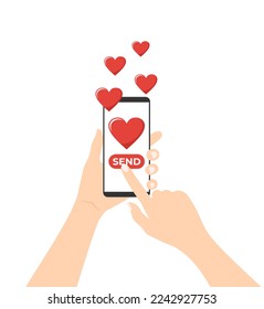 Hands holding mobile phone with flying hearts on white background. Sending a love letter or message. Vector illustration in flat style