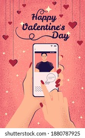 Hands are holding a mobile phone. The girl congratulates her boyfriend on valentine's day in the chat. Festive vector illustration.