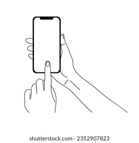 Manos sosteniendo la ilustración de la línea dibujada a mano por teléfono móvil. Dedos tocando la pantalla del smartphone, usando la aplicación. Pantalla vacía, paro telefónico. Icono negro aislado en fondo blanco