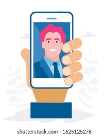 Hands holding mobile phone with happy man displaying on screen. Businessman posing for selfie, man photographing. male characters. Vector illustration for web banner, infographics