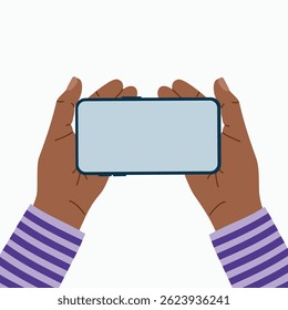 Hands holding mobile phone horizontally. Using smart phone, watching video, gaming, networking. Hand drawn vector illustration isolated on white background. Modern flat cartoon style.