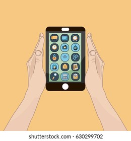 Hands holding mobile phone with icons on orange  background