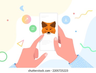 Hands holding mobile phone with MetaMask crypto wallet for Defi, Web3 Dapps and NFTs application.