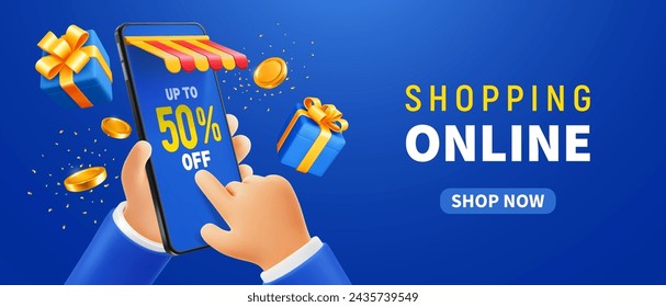 Hands holding mobile phone, online store on the screen, blue background. Gifts and golden coins flying around. Conceptual 3d vector design for advertising of shopping online, sale, discounts etc. 