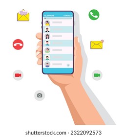 Hands holding mobile phone, open contact telephone, message, scrolling smartphone screens, using applications. People handling with cellphones. Flat vector illustrations isolated on white background