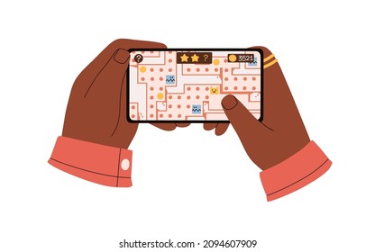 Hands holding mobile phone, playing game. Gamer touching smartphone screen with maze app. Black person entertain with online funs in cellphone. Flat vector illustration isolated on white background