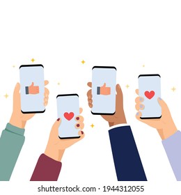 Hands holding mobile phone and screen show heart icon and thumb up icon.