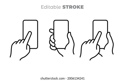 Manos sosteniendo el teléfono móvil. Dedo tocando pantalla en blanco. Teléfono inteligente vectorial, icono de arte de línea de dispositivo electrónico. Dibujo de línea modificable. Ilustración, signo, símbolo en blanco y negro.