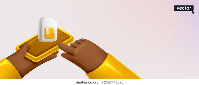 Hands holding mobile phone with SIM card with golden chip in neumorphism style. Realistic 3D isometric cartoon render. Fun vector banner template for cell app, NFC payment password, wireless network.