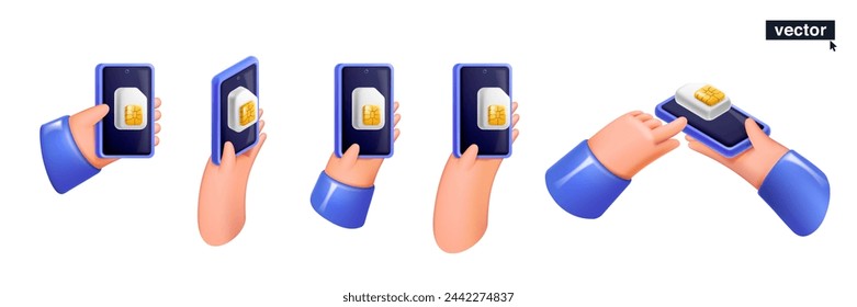 Hands holding mobile phone with SIM card with golden chip in neumorphism style. Realistic 3D isometric cartoon render. Fun vector banner template for cell app, NFC payment password, wireless network.