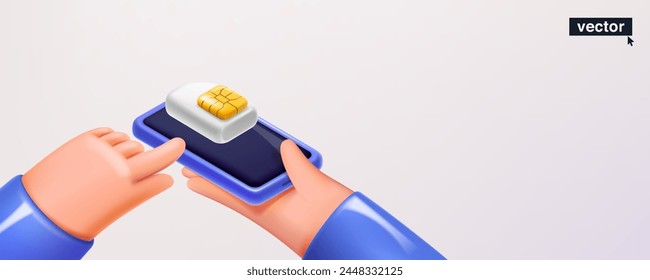 Hands holding mobile phone with SIM card with golden chip in neumorphism style. Realistic 3D isometric cartoon render. Fun vector banner template for cell app, NFC payment password, wireless network.