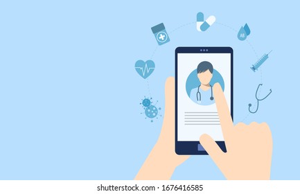 Hands holding mobile phone or smartphone while using the app for medical and healthcare consultation with doctor. Concept technology medical online doctor service. Background with copy space.