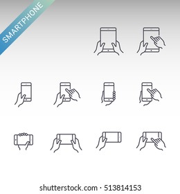 Hands holding mobile phone and tablet flat vector icon set