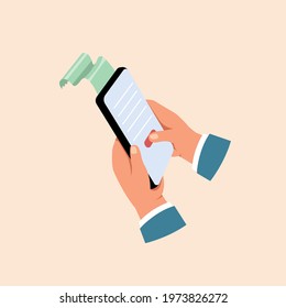 hands holding mobile phone and using application for payment. 