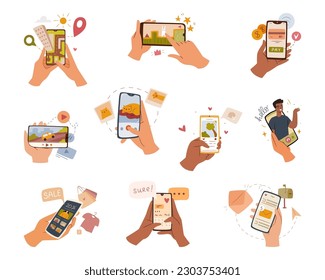 Manos con teléfonos móviles con aplicación, dibujos animados planos aislados en blanco. Dedos tocando, tocando, desplazando pantallas de smartphone. Gente manejando con teléfonos celulares. Ilustración del vector