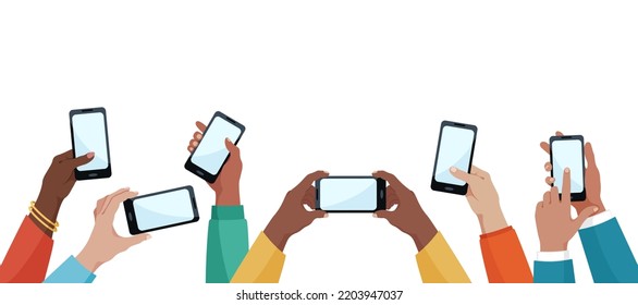 Hands holding mobile phones with blank screen template. People hold smartphones  and touch the screen with their finger. The concept of communication, selfie, watching videos, social networks. Vector 