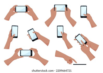 Hands holding mobile phones with blank screen template. People hold smartphones  and touch the screen with their finger. The concept of communication, selfie, watching videos, social networks. Vector 