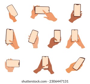 Hands holding mobile phones with empty screen, flat cartoon set isolated on white. Fingers touching, tapping, scrolling smartphone screens. People handling with cell phones. Vector illustration