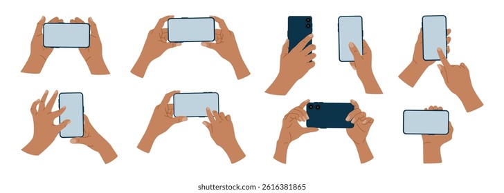 Hands holding mobile phones with empty blank screen. People using smartphone, scrolling, tapping, touching fingers, taking photos. Hand drawn vector illustration, flat cartoon style.