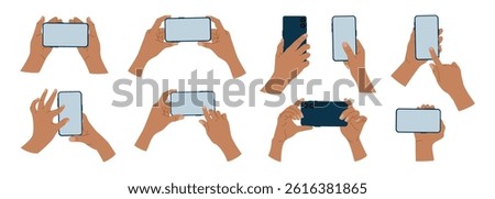 Hands holding mobile phones with empty blank screen. People using smartphone, scrolling, tapping, touching fingers, taking photos. Hand drawn vector illustration, flat cartoon style.