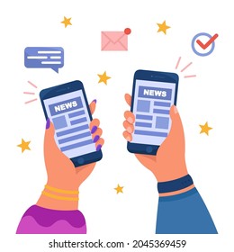 Hands holding mobile phones with news or newsletters. Online newspaper application, social media blog flat vector illustration. Journalism, communication concept for website design, landing web page