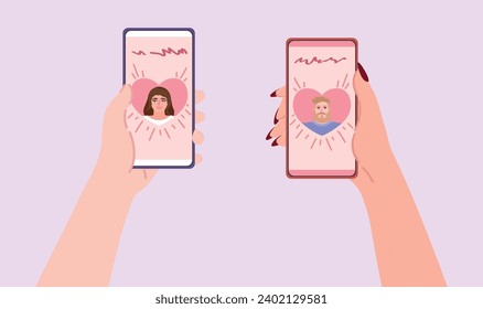 Hands holding mobile phones with open pages of online dating app