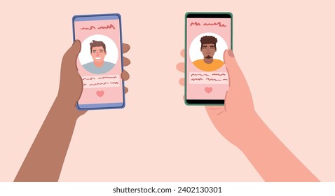 Hands holding mobile phones with open pages of online dating app