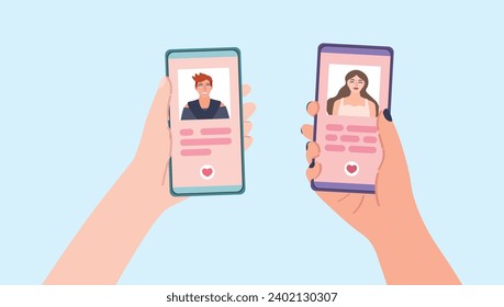 Hands holding mobile phones with open pages of online dating app