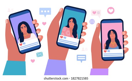 Hands holding mobile phones with photos from a social network account. Colorful flat vector illustration.