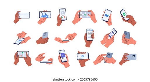 Hands holding mobile phones set. Fingers touching, tapping, scrolling smartphone screens, using applications. People handling with cellphones. Flat vector illustrations isolated on white background - Shutterstock ID 2065793600
