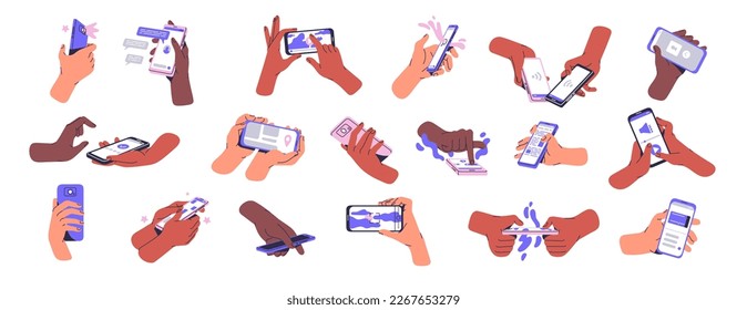 Hands holding mobile phones set. Using smartphones, cellphones apps, touching screen with different applications for photo, game, texting, GPS. Flat vector illustrations isolated on white background