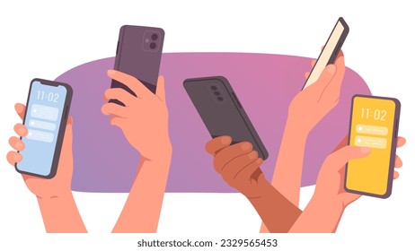 Hands holding mobile phones set. Diverse hands using smartphone digital devices with message app interface on touch screens. Wireless cellphone gadgets technology collection flat vector illustration