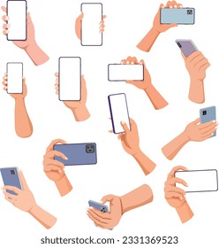 Hands holding mobile phones set with various perspectives. People handling with cellphones. smartphone with empty screen for mock up, template.Flat vector illustrations isolated on white background