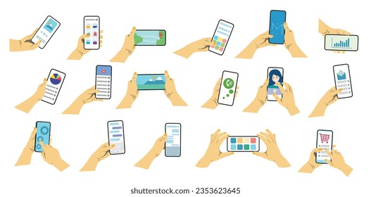 Hands holding mobile phones set. Fingers touching, tapping, scrolling smartphone screens, using applications. People handling with cellphones. Flat style vector illustrations isolated on white