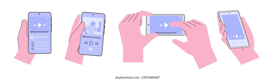 Hands holding mobile phones set. Fingers touching, tapping, scrolling smartphone screens, using applications. People handling with cellphones, open and watch video, stories. Vector illustrations.