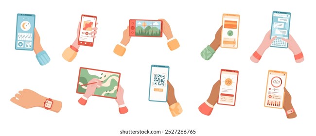 Mãos segurando telefones celulares definido, usando aplicativos em telas. Os usuários interagem com as mídias sociais e demonstram gestos. Conceito de tecnologia móvel, comunicação digital e design do usuário.