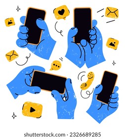 hands holding mobile phones with social media icons.