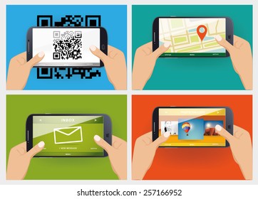 Manos que tienen teléfonos móviles usando el concepto de servicios móviles ilustración vectorial