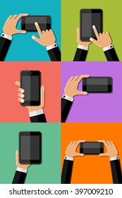 Hands holding mobile phones. Vector illustration. 