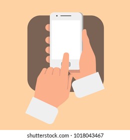 Hands holding a mobile and pressing on the screen. Flat vector design illustration.