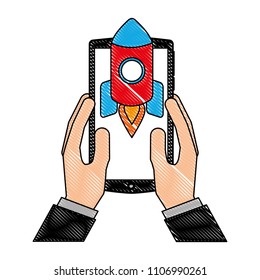 hands holding mobile with rocket launch