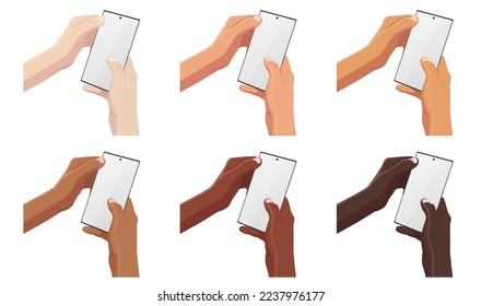 Hands holding mobile smartphone, blank display. European, afro american and asian people use mobile phones.Vector.