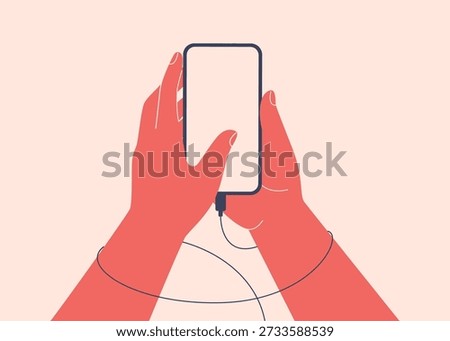 hands holding mobile tied by a phone charging cord. internet addiction concept, person need for an digital detox. overload by information. vector illustration