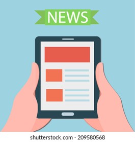 Manos sosteniendo una tableta digital moderna con noticias - vector de diseño plano