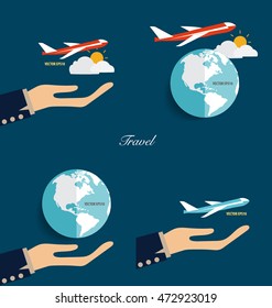 Hands holding modern globe and plane. Vector illustration