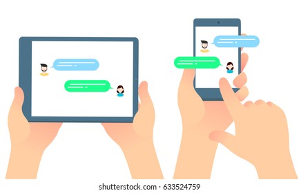 Hands holding a modern smartphone with a tablet and point a finger on screen show chat talking.