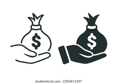 Hands holding up money bag. Vector illustration